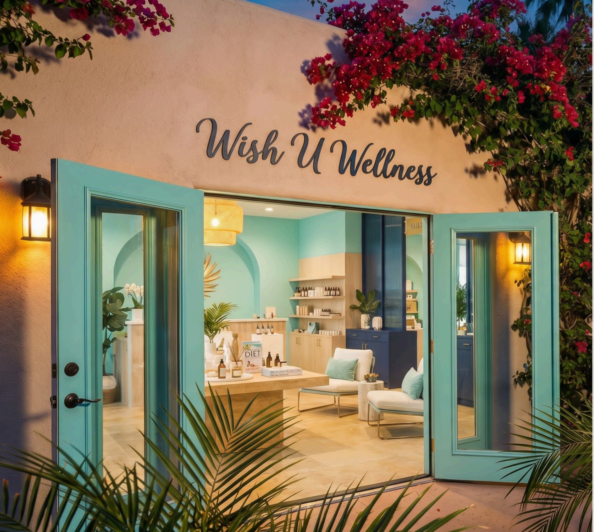 Wish U Wellness storefront with bougainvillea and open turquoise doors