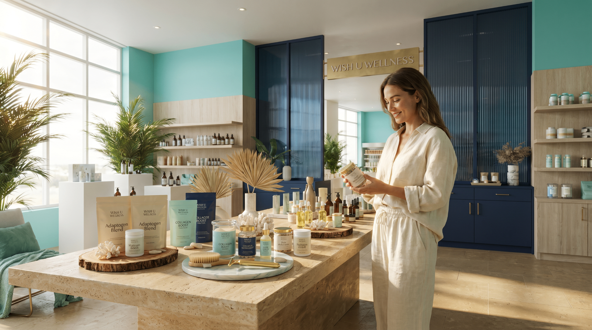 Guest exploring curated Wish U Wellness products inside the boutique
