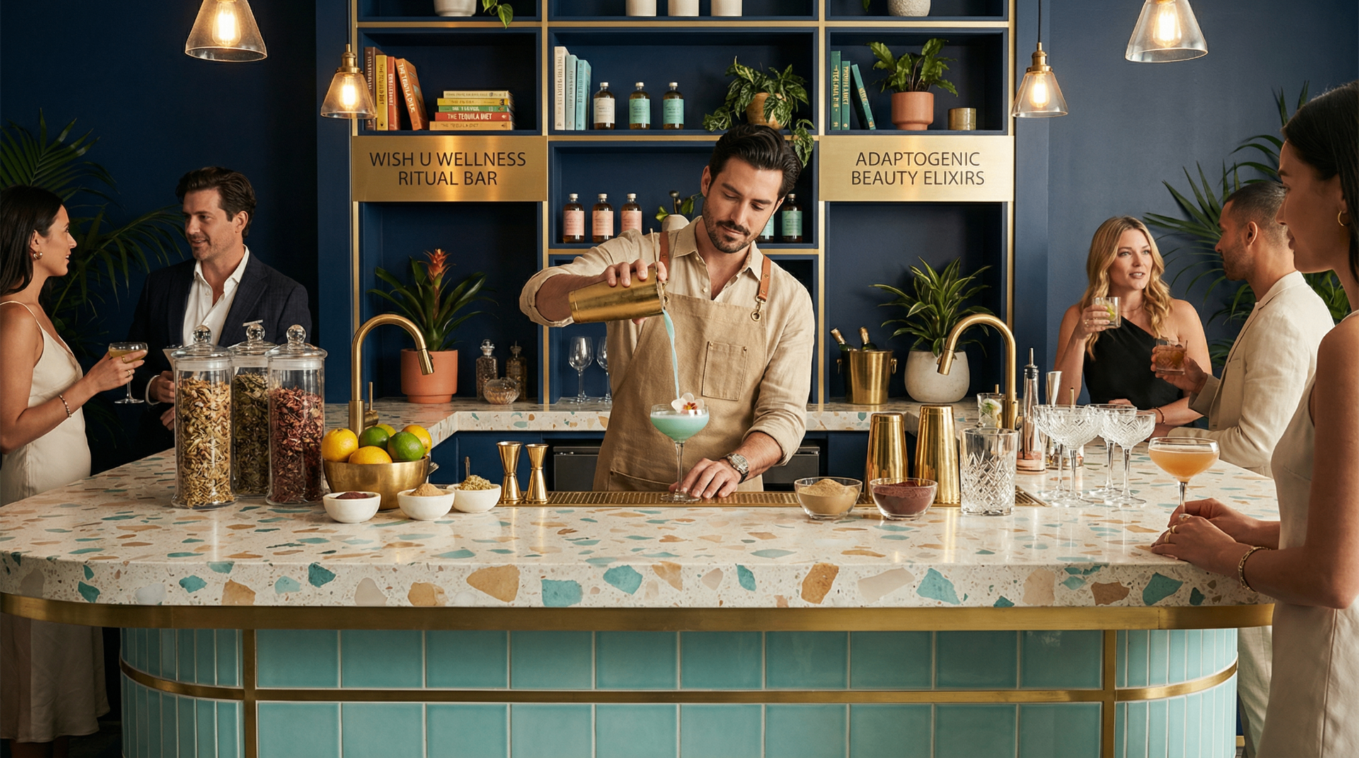 Bartender pouring adaptogenic beauty elixirs at the in-store ritual bar